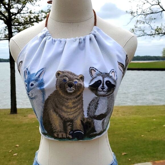 Hey Sue! Upcycled Raccoon Bear Fox  Halter Top Reversible Festival Top S/M - Picture 1 of 11